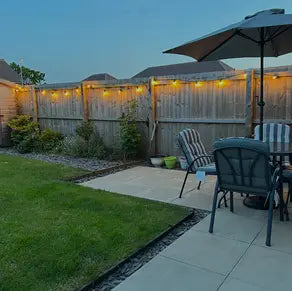 festoon lights in the garden area