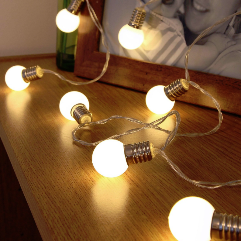 Mini Festoon Frosted Bulb Battery Powered Fairy Lights, 10 Warm White LEDs