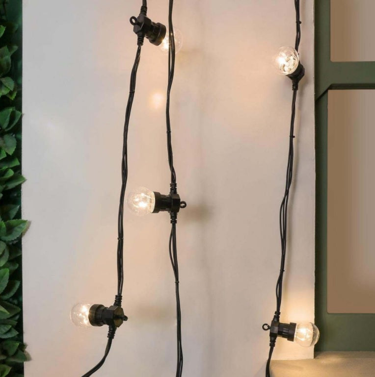 10 Connectable Warm White Festoon Lights, Clear Bulbs, Black Cable (ConnectPro)